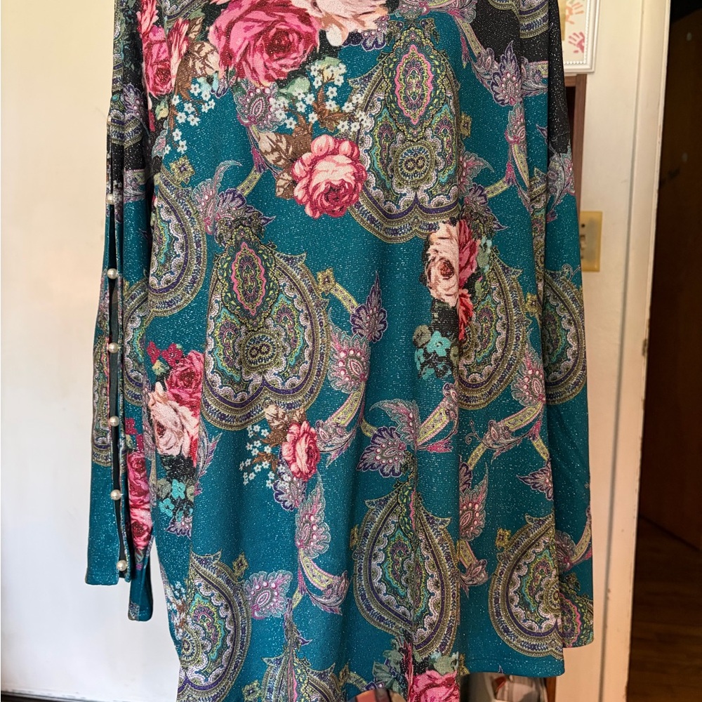 Floral Paisley Teal Dress with Pearl Accents